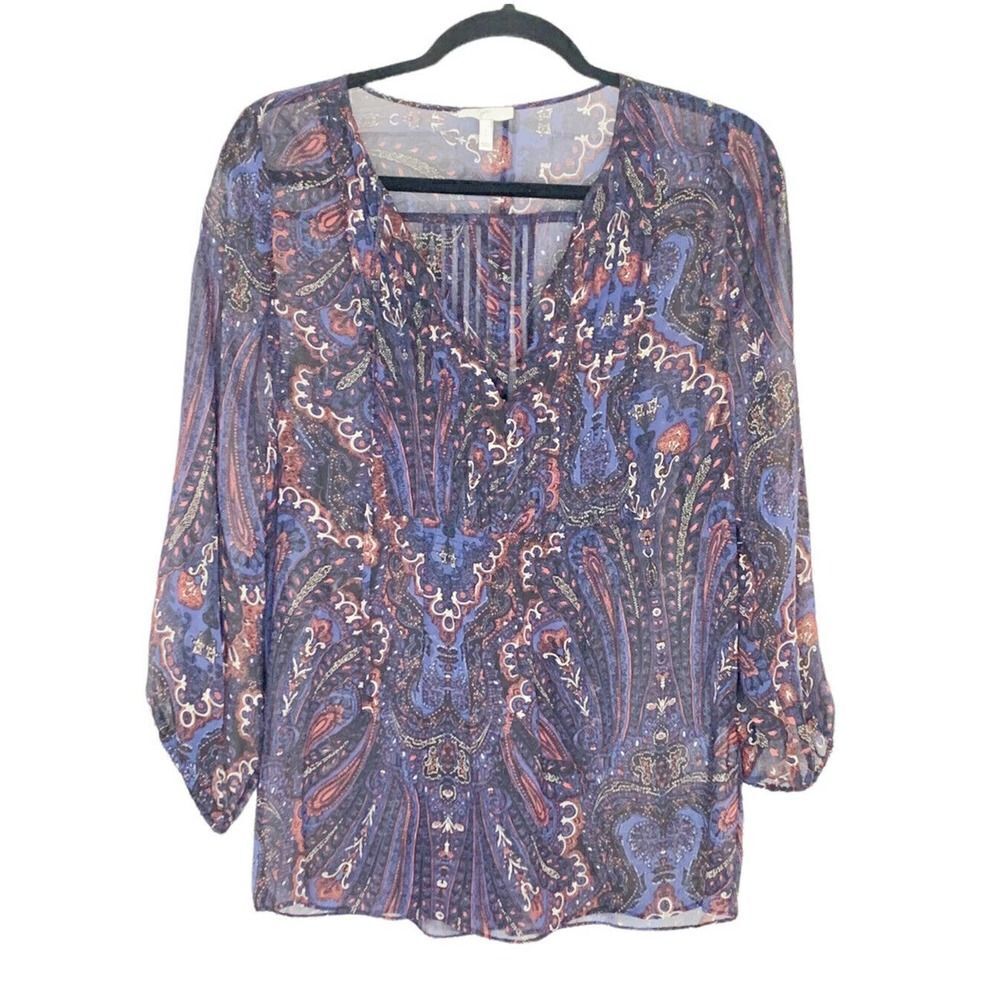 Joie Vendreaย 100% Silk Blue Paisley Pleated Tie VโNeck Peasant Blouse BohoโSmall